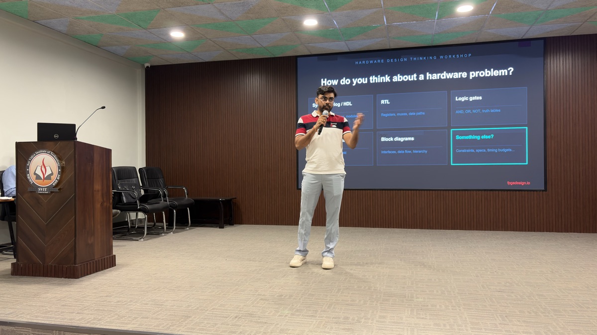Palash Khandale leading the Hardware Design Thinking workshop, asking 'How do you think about a hardware problem?'